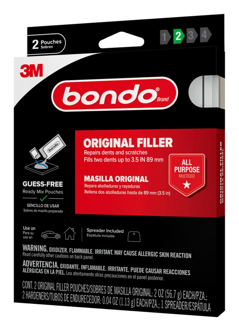 Bondo Original Filler Ready Mix Pouches, Repairs Dents and Scratches, Fills 2 Dents Up to 3.5"", 2 x 2 oz Original Filler Pouches, 2 x 0.04 oz Hardeners, Spreader Included (OR-2PK-ES) - Image 2